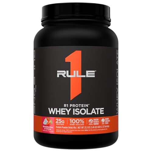 Image of Rule 1 Proteins R1 Protein Whey Isolate, Strawberries & Creme, 22 Servings | 25g of Protein from Whey Isolates and Hydrolysate isolates for Workout Recovery and anytime use