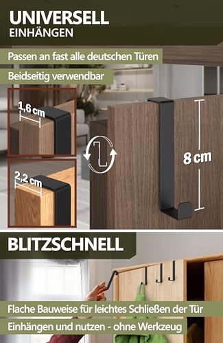 4smile Türhaken zum Einhängen, 4er Set - Schwarze Kleiderhaken für Tür oder Schrank, vielseitige Haken zum Einhängen - Türgarderobe mit hoher Tragkraft, stabile Türhakenleiste 4