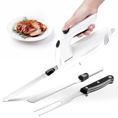 Comparison: Best Electric Knife For Carving Turkey 11 KEENSTAR Electric Knife for Carving Meat, Turkey, Bread, 150W Electric Knife Set with 2 Serrated Stainless Steel Blades & Serving Fork for Slicing Poultry, Ham & More, Ergonomic Handle & Safety Lock