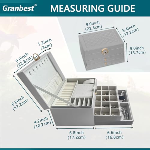 Granbest 3 Layers Jewellery Box with 2 Drawers, Elegant Jewellery Organiser, Leather Jewellery Storage Case Ideal for Necklaces, Bracelets, Rings and Earrings (Grey) - Cosy Home Interiors Granbest 3 Layers Jewellery Box with 2 Drawers, Elegant Jewellery Organiser, Leather Jewellery Storage Case Ideal for Necklaces, Bracelets, Rings and Earrings (Grey) - Image 5