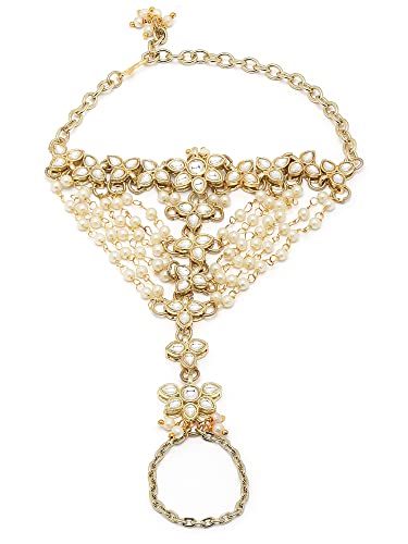 Image of Karatcart Gold Plated Baby Pink Pearl Chain Kundan Hathphool