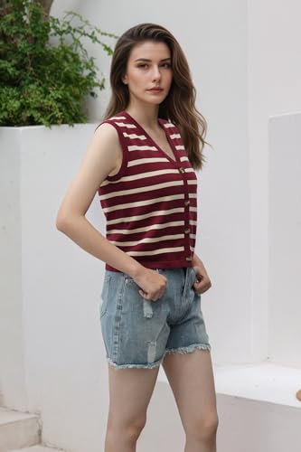 Image of Women's Striped Sweater Vest V-Neck, Fall 2025 Lightweight Cotton 100%, Vintage Button Cardigan Style Layering Staple for Turtlenecks & Jeans 18 Red L