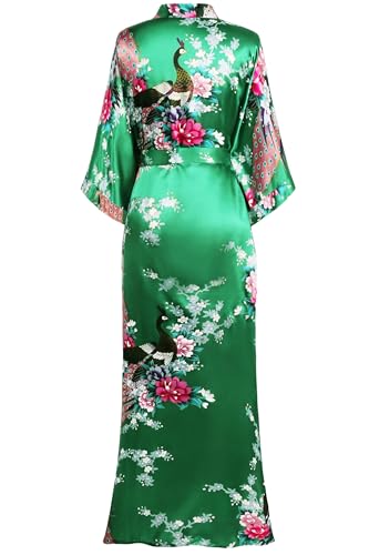 BABEYOND Women's Kimono Robe Long Satin Robes with Peacock and Blossoms Printed Kimono Nightgown
