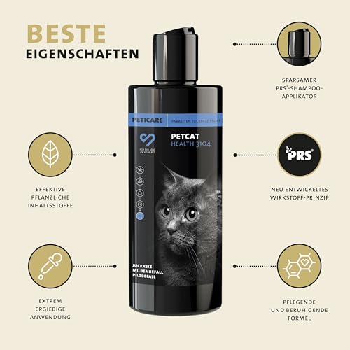 Peticare Anti-Parasiten Katzen-Shampoo | gegen Milben Flöhe Pilze | lindert effektiv Juckreiz & unterstützt Regenerationsprozess | einzigartiges PRS® System für Lange Wirkung – petCat Health 3104