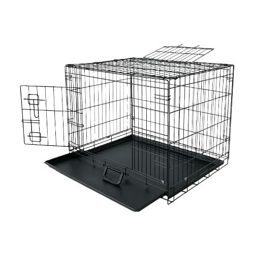 Image of PETJOY Foldable Metal Cage | 24 Inch Dog Crate Kennel for Puppies, Medium Dogs, Cats & Rabbits | Double Door with Secure Lock, Removable Leak-Proof Tray | Portable & Easy to Clean Pet Cage (Black)