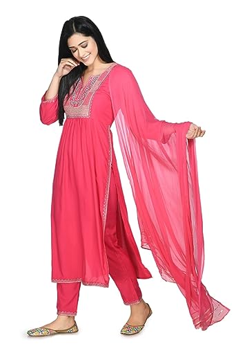 LIBOZA Rayon Ethnic Salwar Suit Set with Dupatta for Women Pink Nyra Cut - Elegant Ladies Heavy Work Kurta Sets with Special Stitched Pants (IN, Alpha, Small, PINK)
