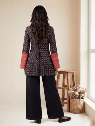 Image of GRECIILOOKS Short Kurti for Women - Printed Modern Tunic Top | Long Ethnic Wester Tops for Woman| Full Sleeve Indo Western Tunic | Comfortable Rich Kurti Tops for Office and Casual