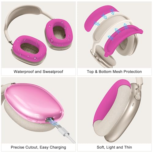 Image of Silicone Case Cover for AirPods Max 2 / AirPods Max Headphones (Hot Pink) | Clear Soft TPU Ear Cups Cover /Ear Pad Case Cover /Headband Cover for AirPods Max,Transparent Accessories for Apple AirPods Max