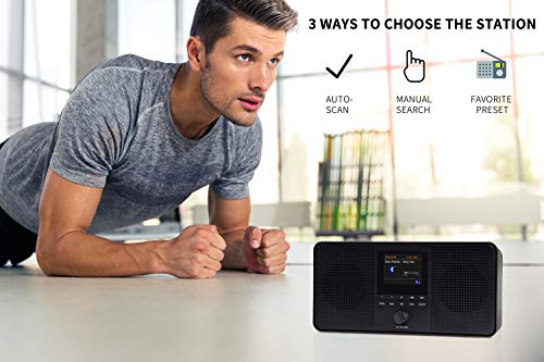 LEMEGA IR4 Stereo Portable Internet Radio,FM Digital Radio,WIFI,Spotify Connect,Bluetooth,Dual Alarms&Cock,Kitchen/Sleep/Snooze Timer,40 Pre-sets,Headphones,Built-in Battery and USB Powered-Pure Black