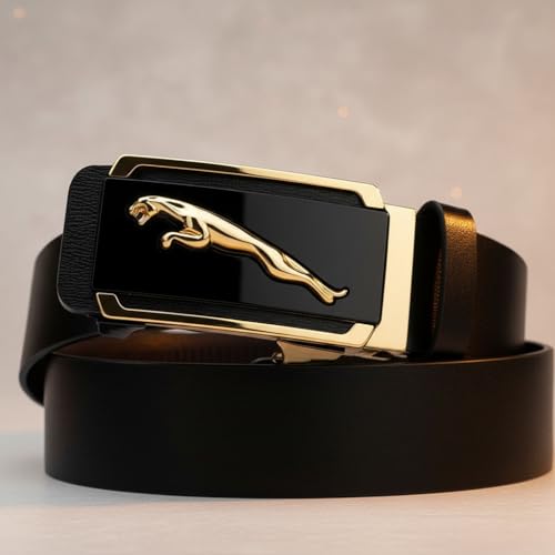 Image of Nexbelt Men's Leather Belt, Black with Gold Leaping Jaguar Automatic Buckle, Formal Style