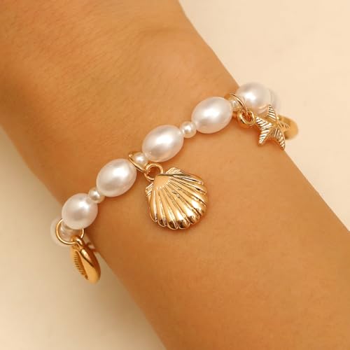 ONLYJUMP Sea Shell Starfish Bracelets for Women Trendy Ocean Charm Bracelet Gold Starfish Rudder Seashell Charm Pendant Link Bracelets Bohemian Hawaiian Summer Beach Bracelets Vacation Holiday Jewelry Gift2