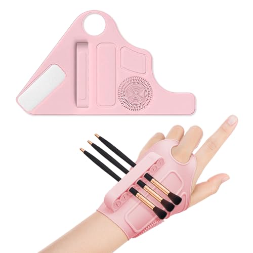 Image of Makeup Artist Hand Strap, Silicone Integrated Hand Strap with Color Palette, Washer, Brush Holder, Adhesive Adjustable Hand Circumference Makeup Artist Kit Essentials (Pink)