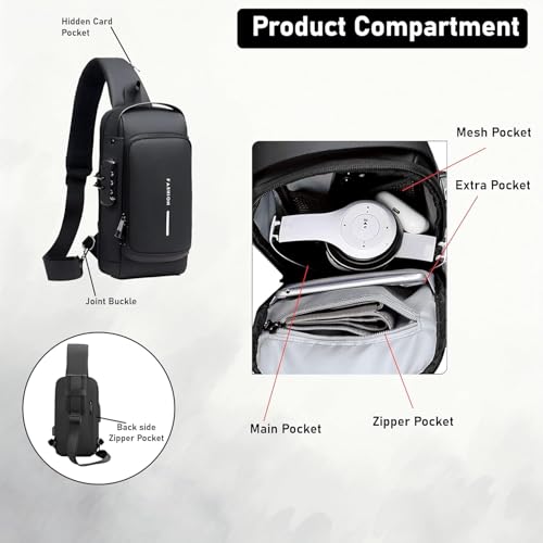 Image of MATCH MADE Anti-theft Waterproof Chest Sling Bag for Men with Password Lock & USB Charging - Travel Hiking Crossbody Daypack Backpack