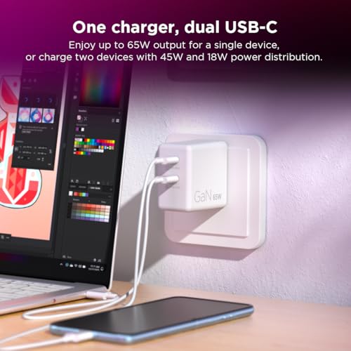Image of Lenovo Dual USB-C 65W GaN Charger, 2 USB-C Ports, for Laptops /Tablets & Phones & More, Compact Size, Foldable Plug, Includes 1.5m USB C Cable, Model /Type: CC65, White