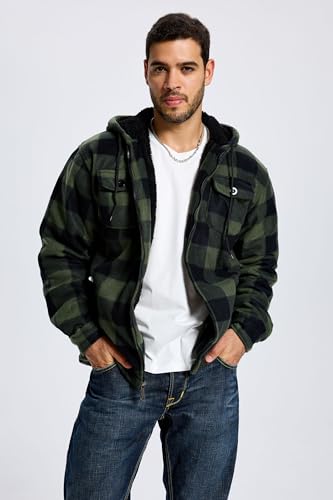 Image of TanBridge Men's Cotton Plaid Shirts Jacket Full Zip Fleece Flannel Sherpa Lined Hoodies Heavyweight Hoodies Jacket for Men