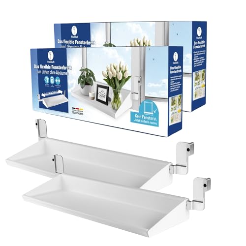 frischluft Fensterbrett – Flexible Fensterbank zum Lüften ohne Abräumen 2er Set | Ohne Bohren & Kleben, einfach einklemmen | Teleskop 55–86 cm, für Fensterbreite 65–107 cm, bis 5 kg