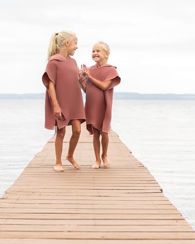 Image of Premium Wearable Hooded Towel Poncho for Kids | 100% Cotton Waffle Weave | Pool | Lake | Boat | Toddler | One Size | Salmon Color