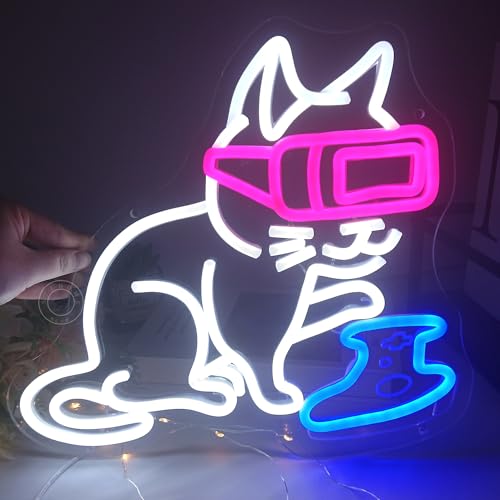 Image of SYLHOME Game Cat Led Neon Light Sign Gamer Controller Pad Bedroom Game Room Bar Pub Man Cave Wall Sign Decor Gamer Teen Birthday Decoration USB 13 inchX12 inch Dimmer