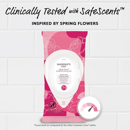 Image of Summer's Eve Sheer Floral Feminine Wipes, Gentle pH-Balanced Formula Helps Control Vaginal Odor, Resealable Pack, 32 Wipes, Pack of 4