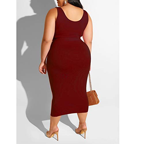Women\'s Casual Summer Plus Size Tye Die Tank Crop Top Maxi Skirt Set Bodycon 2 Piece Floral Dress Wine Red Solid XL