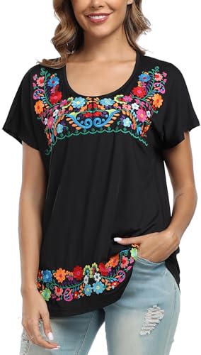 Mexican Shirts for Women Embroidered Tops Peasant Blouses Floral Traditional Summer Boho Tunic Short Sleeve Shirts4