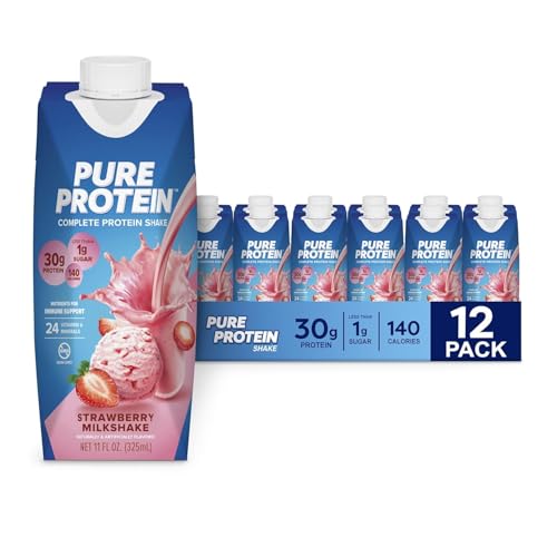 Pure Protein Batido de Alto Valor Biológico Bajo en Azúcar Apto Dietas Keto con Vitaminas Minerales Esenciales Sin Gluten para Entrenamiento - Batido de Fresa - Paquete de 12 (198 caracteres)