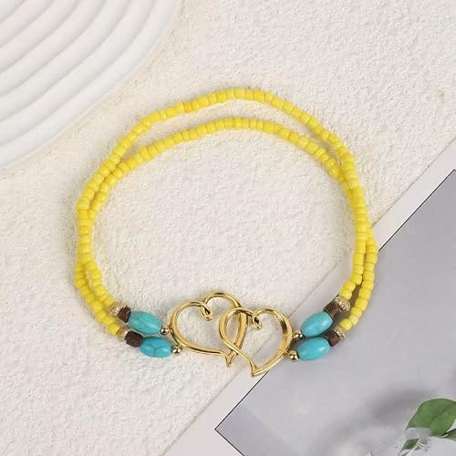 Image of Elastic Beaded Ankle Bracelets for Women Double Heart Layered Stretch Ankle Bracelets Waterproof Dainty Boho Beaded Anklets for Summer Beach Foot Jewelry