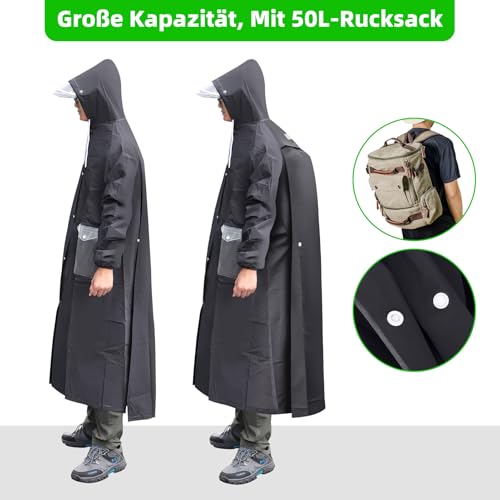 Desoto Regenponcho Extra Lang, Wasserdicht Regenmantel Radfahren Regen Poncho Portable Leichte Regenjacke Mit Kapuze, Wiederverwendbare, mit Tasche, für Backpacking Camping Outdoors (XXL, Schwarz)