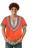 5Pcs Hippie Costume for men, African Dashiki Cotton Shirt with bracelet,Wig & Accessories for Carnival& Retro Party (Orange, L)