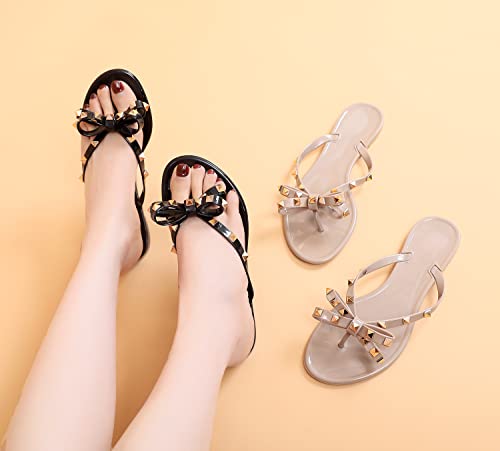 Omgard SHOES-FLAT-FF02-BLACK-38 Studded Jelly Shoes For Womens Bow Flip Flops Jellies Sandals Flat Size 7.5 thumb #8