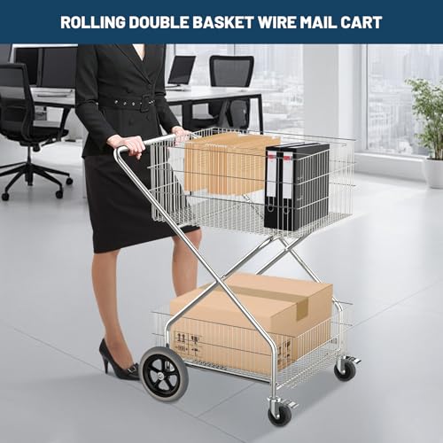 Hymula Double Basket Wire Mail Cart, 2 Tier Steel File Organizer Rolling Cart with Wheels, 200 LBS Load Capacity Office File Mobile Cart for Home Office, Laundry, Grocery, Shopping, Restaurant