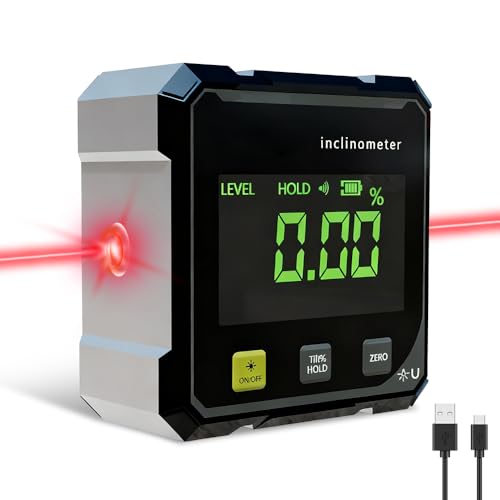 Digitaler Winkelmesser 4-Seitig Magnetisch, Digitale Wasserwaage Type-C mit LCD Display, Wasserdicht Laser Wasserwaage für Holzbearbeitung, Tischsäge, Hängend, Bau, Maschinen, DIY Arbeiten