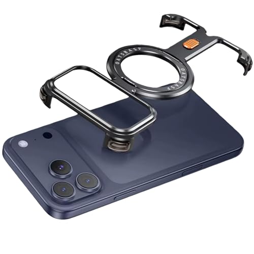 IPhone 17 Pro / 17 Pro Max 用 メタル スケルトン ケース 超薄型 アルミ フレーム 360° 回転 リング スタンド 耐衝撃 バンパー 放熱設計 フレームレス デザイン MagSafe対応(Black,17 Pro Max)
