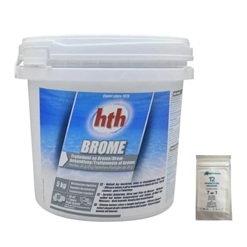 Easypiscine Brome Lent HTH® désinfection régulière - pastilles/Galets 20 g - 5 kg + 12 Tests OFFERTS 7 en 1