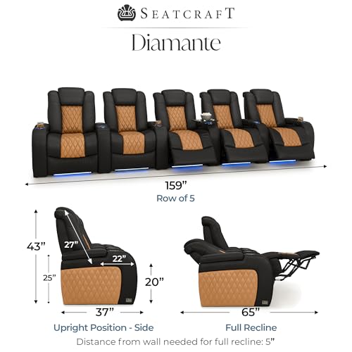 Image of Seatcraft Diamante Black /Tan Oak Italian Leather Home Theater Seating, Zero Gravity Power Recliner, Gaming and Home Office Chair, Powered Headrest Furniture for Family Cinema Room, Row of 5