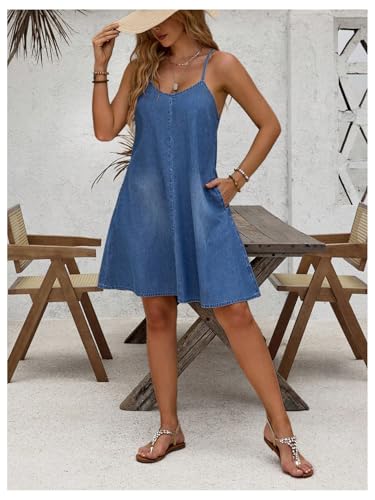 Image of WDIRARA Women's Sleeveless Denim Cami Dress Scoop Neck Mini Dresses with Slant Pockets Blue Large