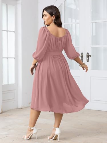 Image of SCOMCHIC Women Plus Size Midi Dresses Puff Short Sleeve Square Neck Wedding Guest Elegant Flowy Belted A Line Dress