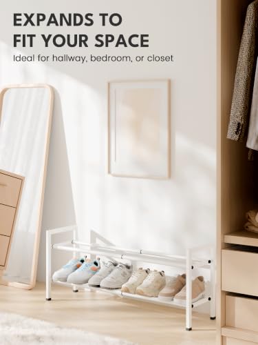 Image of Bumusty 2-Tier Expandable Shoe Rack for Closet, 18 inch-33 inch Adjustable Shoe Rack for Small Space, Small Shoe Organizer for Front Door, Sturdy Metal, White
