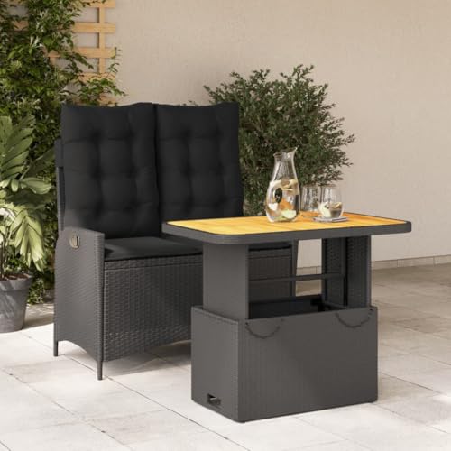 YNGBHFNOP Ensemble Repas Jardin inclinable relevable 2 pcs Noir résine tressée Table Banc Salon extérieur Convertible Coussins Amovibles lavables terrasse...