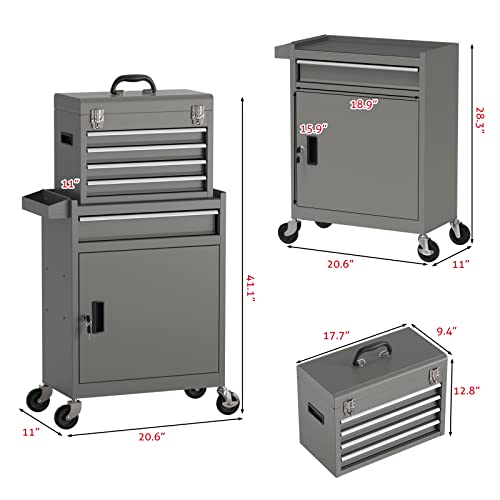 5-Drawer Rolling Tool Chest, Removable Tool Box With Wheels And Drawers, Tool Storage With Tray And Cabinet Organizer For Garage, Workshop, And Warehouse (Gray) #TOP6