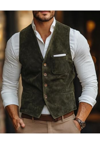 Men's Suede Leather Suit Vest Slim Fit V-Neck Western Cowboy Waistcoats for Wedding Party2