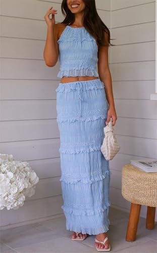 Women's Y2k 2 Piece Outfits Shirred Halter Neck Tie-Up Tank Tops and Ruched Ruffle Maxi Skirt Sets Beachwear4