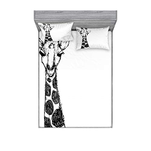 Ambesonne Black and White Fitted Sheet & Pillow Sham Set, Graphic of Safari Giraffe Tall Neck Spots West Wild Character, Decorative Printed 3 Piece Bedding Decor Set, Full, White and Grey