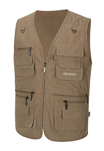 Spanye Colete masculino de pesca Alive, com vários bolsos, casual, para trabalho, sem mangas, Caqui,
