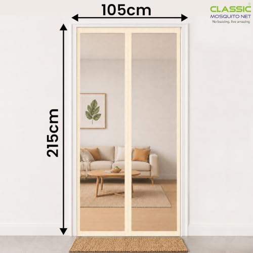 Image of Classic Mosquito Net for Doors with Magnet - Heavy-Duty Fiberglass Mesh | Strong Auto-Close Magnets | Full Frame Hook-&-Loop | DIY Installation for Wooden /UPVC /Marble Doors (215x105 cm, Ivory)