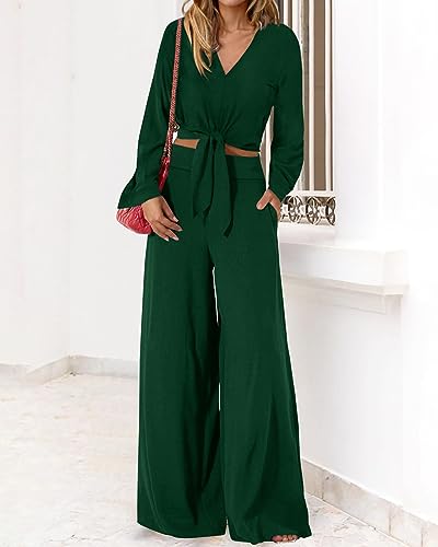 PRETTYGARDEN Women's 2 Piece Outfits 2025 Fall Fashion V Neck Long Sleeve Strappy Crop Top Wide Leg Pant Lounge Sets(Drak Green,Medium) — view 3