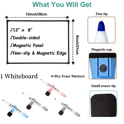 Magnetic Whiteboard For Fridge,12"× 8” Small Magnetic Dry Erase Board For Fridge Magnetic Whiteboard For Refrigerator/Office/Locker, Doublesided Whiteboard Meal Planner Magnetic Edges And 4 Markers #TOP6