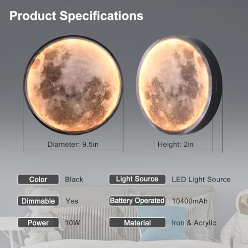 Image of Dimmable Moon Wall Light 10400mAh Rechargeable Battery Operated Wall Sconce 9.5inch Moon Wall Lamp with Remote 3 Color Indoor Wall Mounted Lighting for Living Room Bedroom Entryway