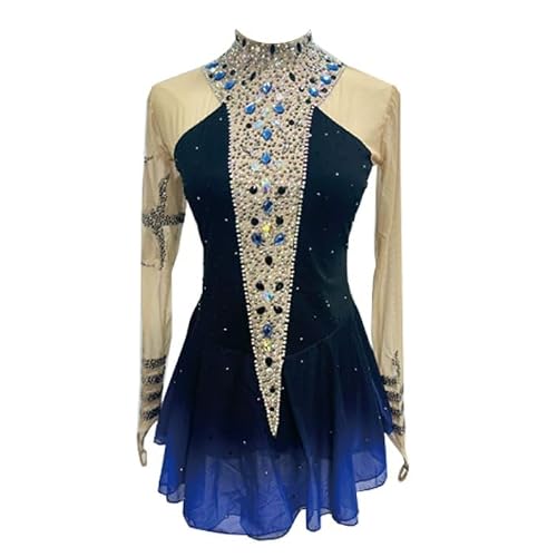 Nnnnydjy Girls Figure Skating Competition Wear Long Sleeve Art Skate Dance Dress Women's Roller Ice Skating Costume Handmade,Blue,11_13Years