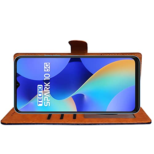 Image of Amazon Brand - Solimo Flip Leather Mobile Cover (Soft, Flexible & Kickstand Back case) Compatible for Tecno Spark 10 5G (CamelBlue)